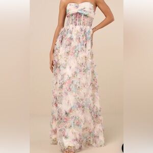 Stunning Element Cream Floral Mesh Ruffled Strapless Maxi Dress Lulus XS NWT